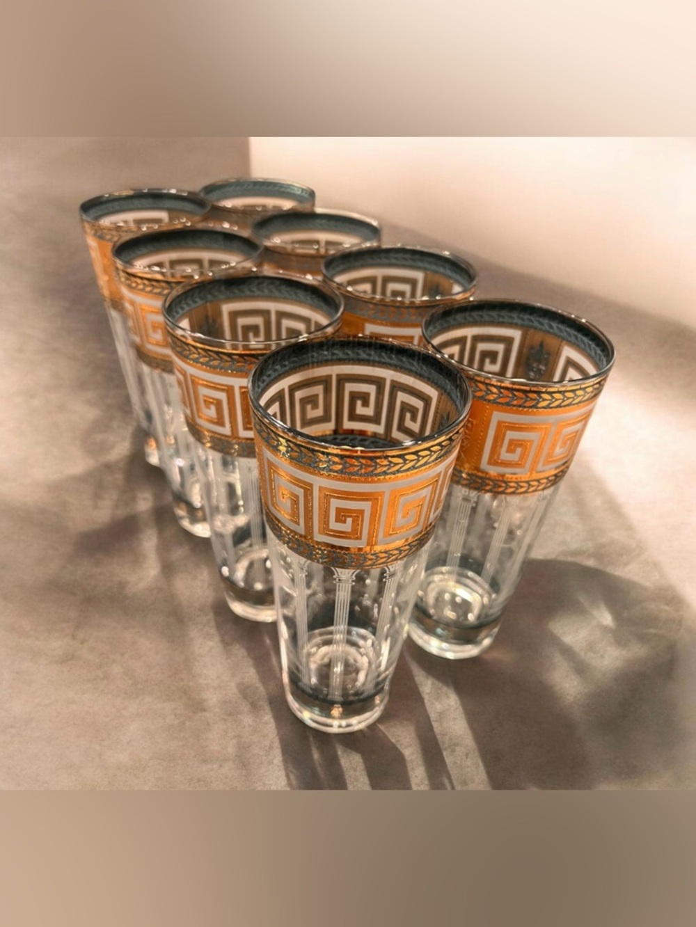 Set of 8 MCM 1960s Culver 22ct Gold Greek Corinthian 22K Hi ball glasses.